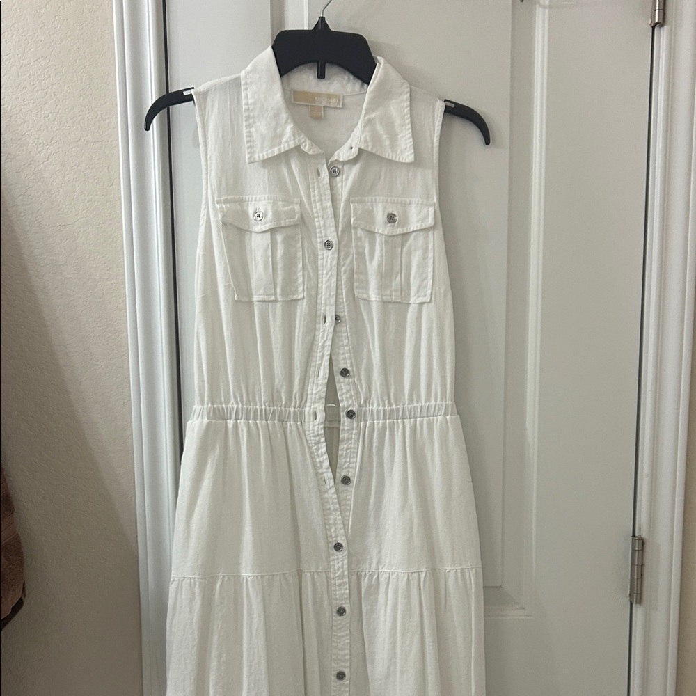 MICHAEL Michael Kors White Sleeveless Button-Front Tiered Long Dress